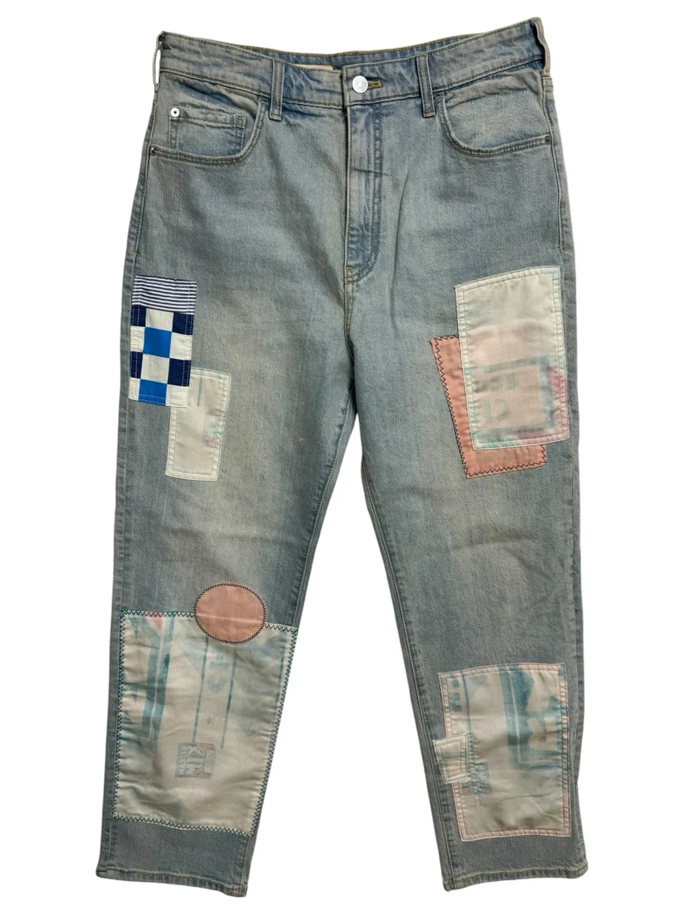 Pilcro The Borrowed Boyfriend Patchwork Straight Leg High Rise Cotton Jeans 29